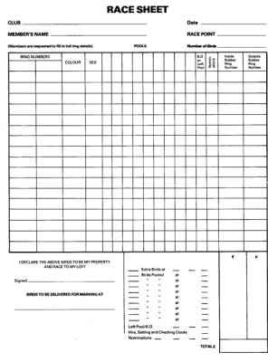 Race Sheets/Bird Entry Books 50 Pages