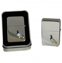 Chrome Lighter with Enamel Pigeon in Tin Case